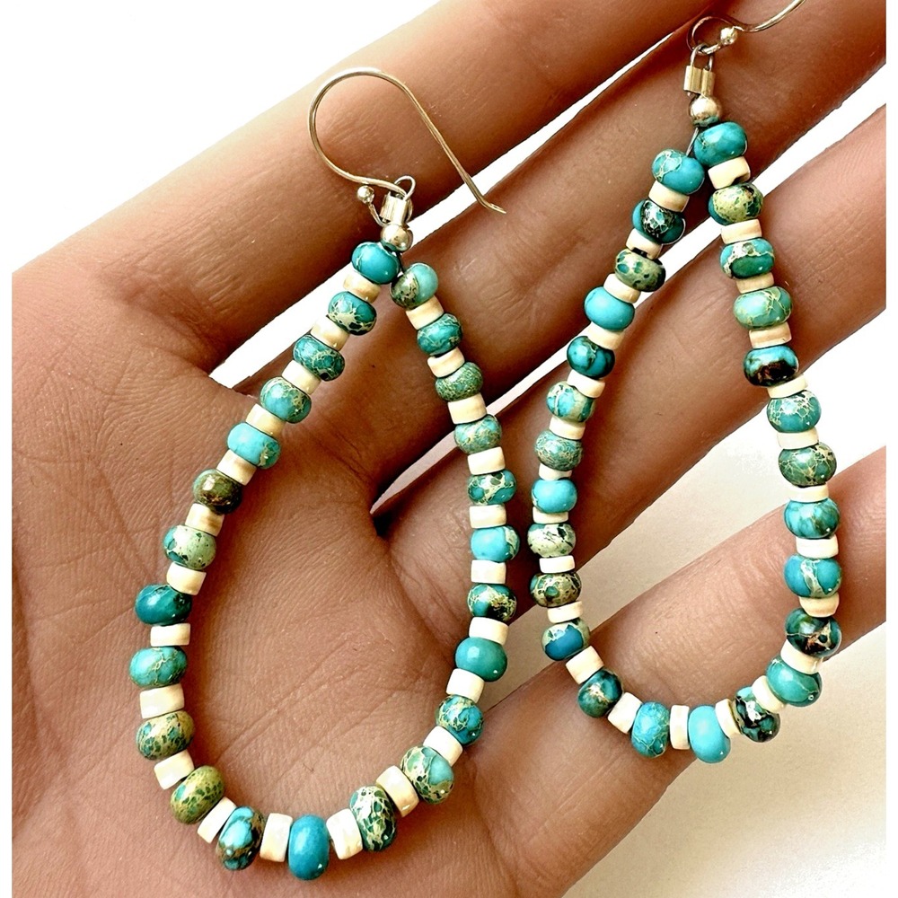 Jacla Navajo Earrings Turquoise Heishi 3in 925 Sterling Dangle Hook Loops‎ Long